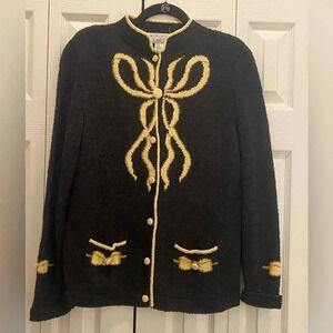 South Cotton Grandma Chunky Knit Holiday Bows Black Cardigan Sweater‎ Large EUC